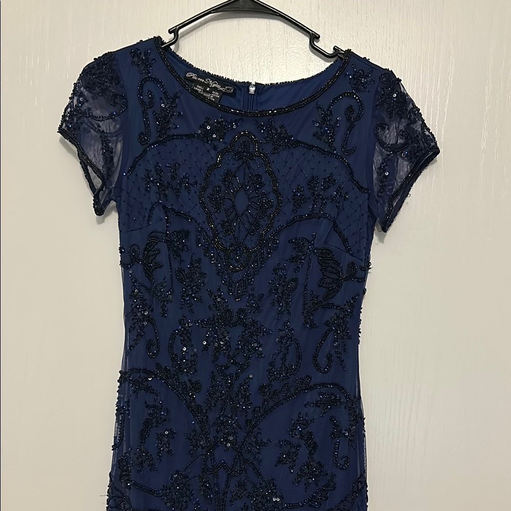 Pisarro Nights Beaded Mesh Midi Cocktail Dress